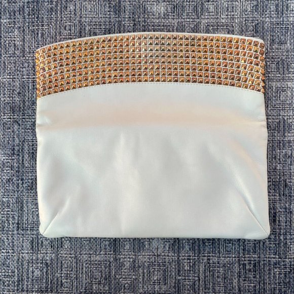 GINA Women Clutch Purse Bag White Leather Gold Tone Stud Wallet Made in Italy